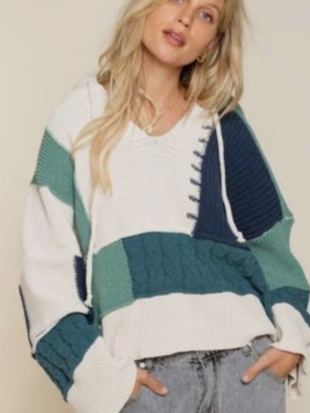 POL V Neck Colorblock Cable Knit Hooded Sweater - Cream & Teal Medium